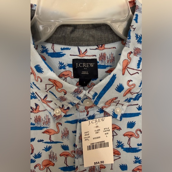 NWT J.Crew Men’s Short sleeve Button Down Shirt L Blue Flamingo Print NWT Cotton - Picture 2 of 9